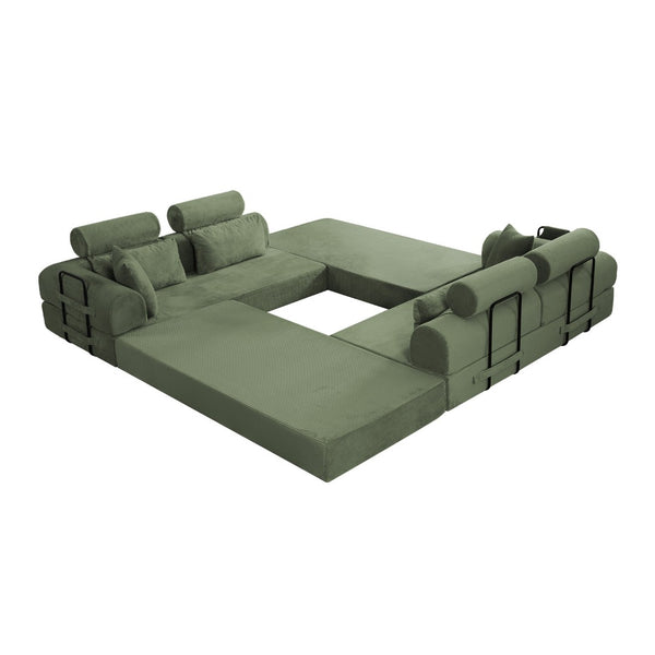English Elm L Shaped Corduroy Sectional Sofa Converts to Sleeper Bed Space Saving Modular Couch Grayish Green W5532S00006
