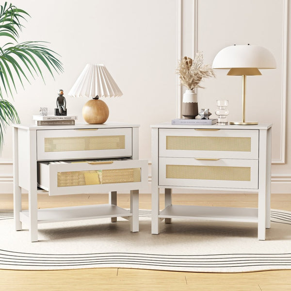 English Elm Rattan Front Boho Coastal Nightstand with Gold Pulls Open Shelf and Woven Drawer Accents White T3210P471548