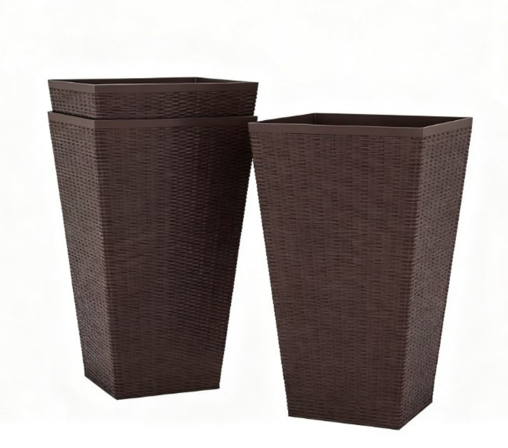 English Elm Outdoor Tall Rattan Style Column Planters Set of 3 Uv Resistant Pp with Drainage T3971P423342