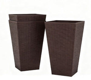 English Elm Outdoor Tall Rattan Style Column Planters Set of 3 Uv Resistant Pp with Drainage T3971P423342