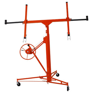 English Elm Drywall Hoist 11 Foot Steel Panel Lift with Telescopic Arm Winch and Locking Casters Red W2069P293024
