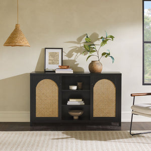 58" 4-Door Sideboard w/ Arched Rattan Panels Black SAHD5DBL2 Walker Edison