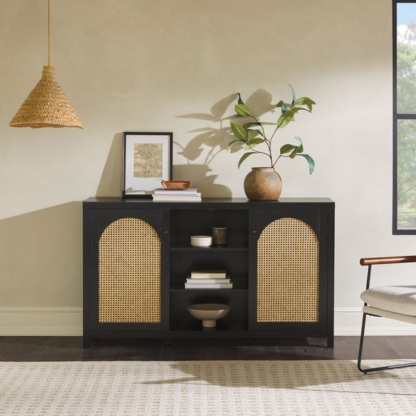 58" 4-Door Sideboard w/ Arched Rattan Panels Black SAHD5DBL2 Walker Edison