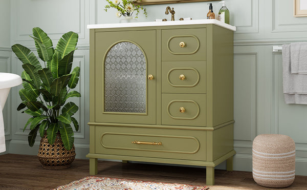 English Elm 30" Freestanding Bathroom Vanity Solid Wood Cabinet Ceramic Basin 3 Drawer Storage Green W1580P382512