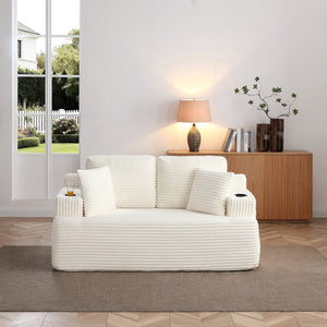 English Elm Boneless Floor Sofa Corduroy Upholstered 5 Seat Low Profile with Cup Holders for Living Room Beige W1117S00437