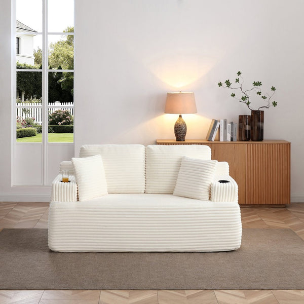 English Elm Boneless Floor Sofa Corduroy Upholstered 5 Seat Low Profile with Cup Holders for Living Room Beige W1117S00437