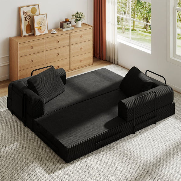 English Elm Convertible Corduroy Sleeper Sofa Foldable Three Seat Couch for Studio or Bedroom Black W3366P447116