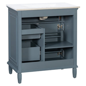English Elm 30 Inch Freestanding Bathroom Vanity Solid Pine Cabinet Ceramic Sink Top Storage Blue Gray N725P412782C