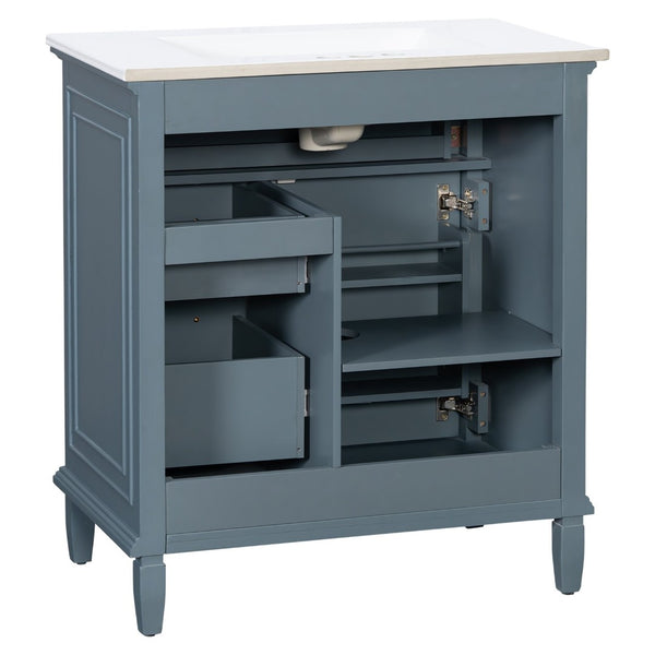 English Elm 30 Inch Freestanding Bathroom Vanity Solid Pine Cabinet Ceramic Sink Top Storage Blue Gray N725P412782C