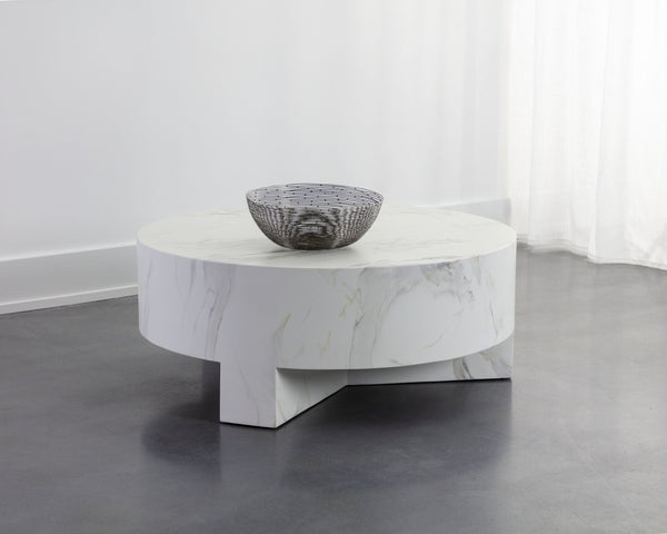 Sunpan Mirella Coffee Table - Modern Circular Design in Sealed Concrete with White Marble Finish & Unique Veining