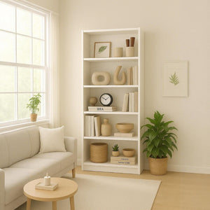 English Elm 5-tier Open Bookshelf Tall Slim Matte Display Unit for Home Office or Living Room White B372P426659