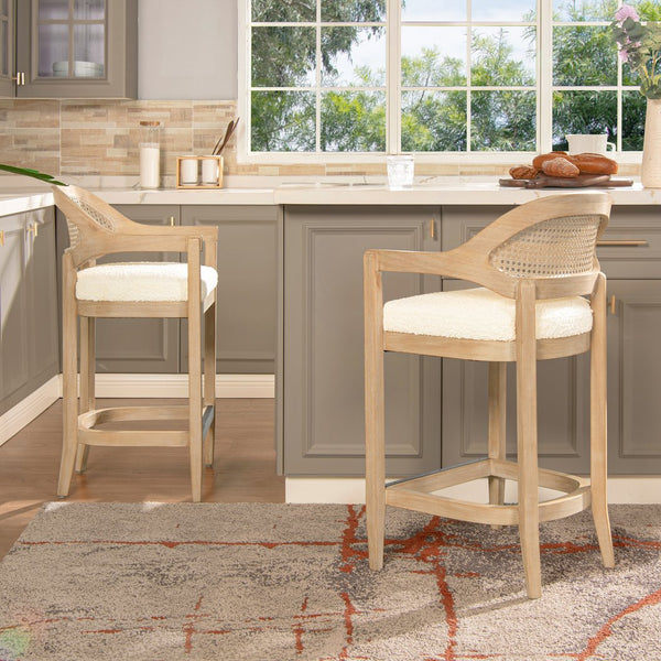 English Elm Jennifer Taylor Home - Americana Mid-Century Modern 26" Counter Stool With Cane Back & Ivory Boucle For Chic Spaces B2719P238381