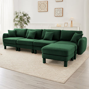 English Elm Boucle Fabric Convertible L-Shaped Sectional Sofa For 4 With Shell Armrests & Removable Ottoman, Green W3041S00312
