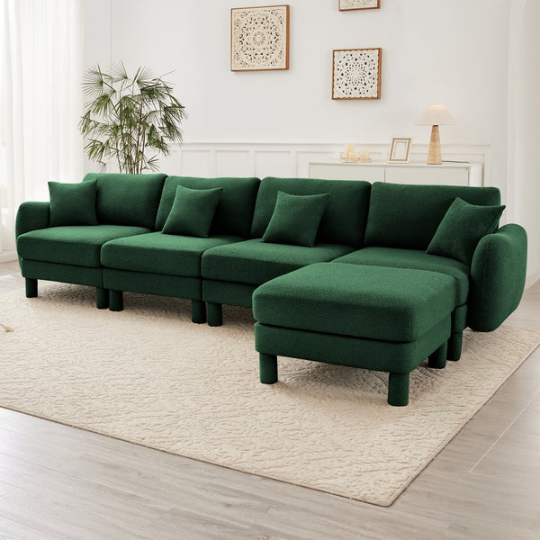 English Elm Boucle Fabric Convertible L-Shaped Sectional Sofa For 4 With Shell Armrests & Removable Ottoman, Green W3041S00312