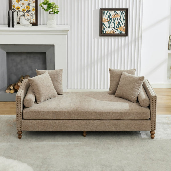 English Elm 75.2'' Chenille Upholstered Daybed Chaise with Nailhead Trim and Rubberwood Legs Taupe W3188S00057