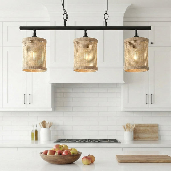 English Elm Elysian Three Light Rattan Pendant Farmhouse Kitchen Island Matte Black Chain Lamp B183P230906