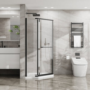English Elm Goodyo Neo-Angle Frameless Shower Door with Acrylic Base 36"x36"x72" Tempered Glass Pivot System Black W1223S00024