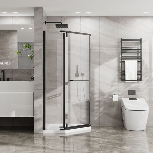 English Elm Goodyo Neo-Angle Frameless Shower Door with Acrylic Base 36"x36"x72" Tempered Glass Pivot System Black W1223S00024