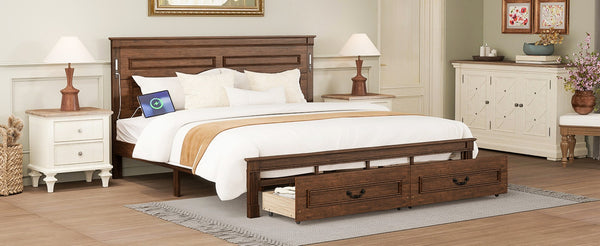 English Elm King Pine Wood Storage Bed with Led Lighting Usb Charging Tall Panel Headboard Walnut W504S00270