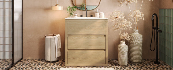 English Elm Christopher Knight Home® - 30" Bathroom Vanity with Ceramic Sink, 2 Soft-Close Full-Extension Drawers, Handle-Free 45° Design, Durable MDF Natural N817P280549N