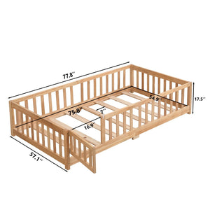 English Elm Twin Pine Wood Floor Bed with Safety Guardrails and Door for Kids Bedroom Natural W495123239