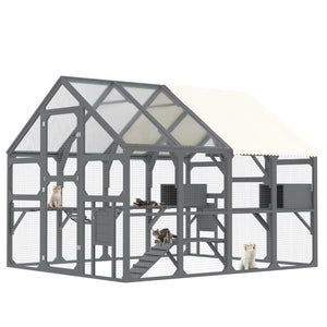 English Elm Large Walk-in Pine Catio Multi-cat Enclosure with Seven Platforms and Weatherproof Roof N704G201613E