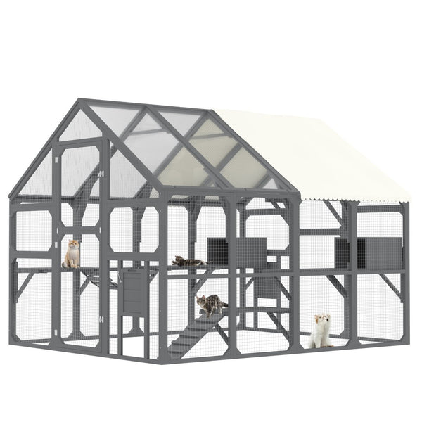 English Elm Large Walk-in Pine Catio Multi-cat Enclosure with Seven Platforms and Weatherproof Roof N704G201613E