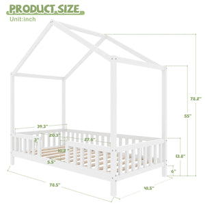 English Elm Montessori House Bed Frame Twin with Canopy & Full Guardrails, Cozy Kids Platform Bed for Toddlers White 81.5 L x 16 W x 6.6 H N733P356043K