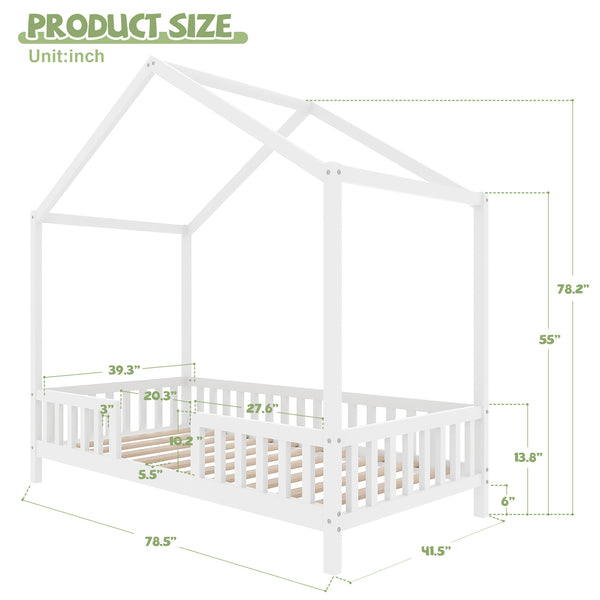 English Elm Montessori House Bed Frame Twin with Canopy & Full Guardrails, Cozy Kids Platform Bed for Toddlers White 81.5 L x 16 W x 6.6 H N733P356043K