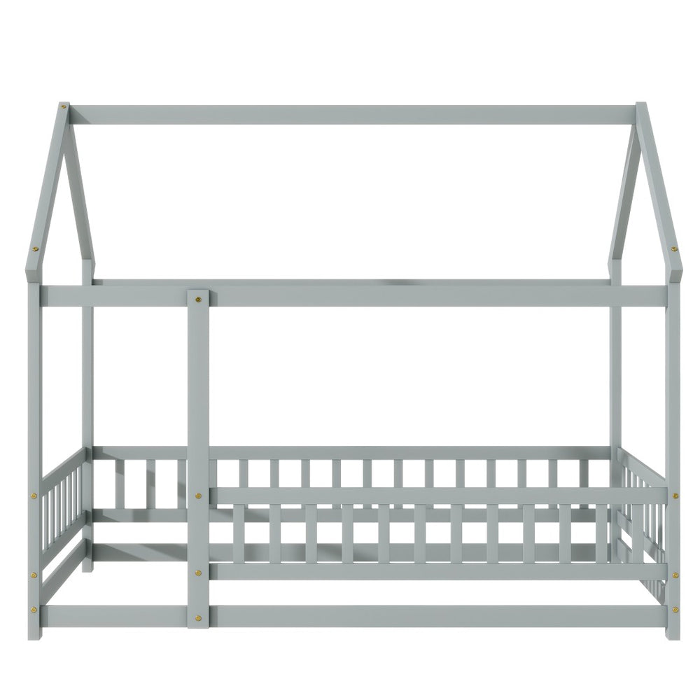 English Elm Twin Floor Wooden House Bed With Roof Frame & Guardrails - Cozy Grey Design For Kids' Rooms W504P286402-GIGA