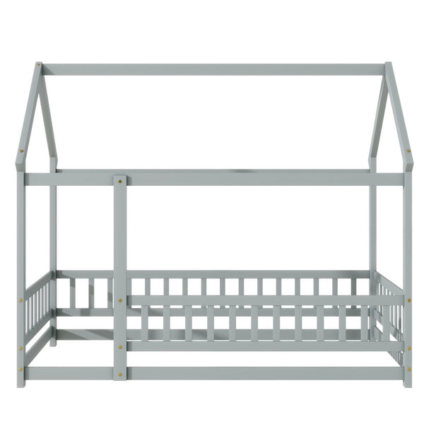 English Elm Twin Floor Wooden House Bed With Roof Frame & Guardrails - Cozy Grey Design For Kids' Rooms W504P286402-GIGA