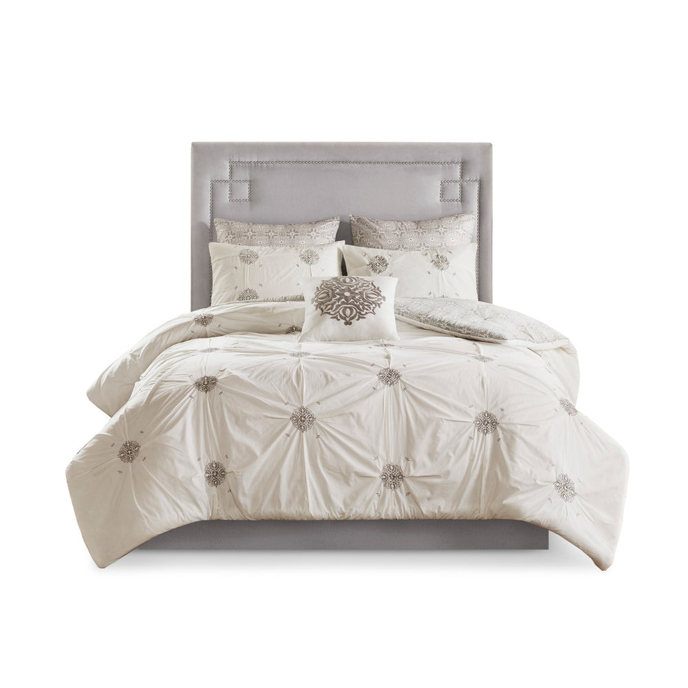 English Elm 6 Piece Madison Park Malia Embroidered Cotton Reversible Comforter Set Ivory/Grey Full/Queen — Shabby Chic Elegance, Machine Washable B035128872