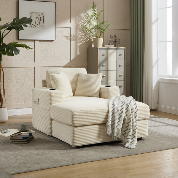 English Elm [New]Corduroy Chaise Lounge Sofa with Cup Holders,Detachable Cushions,Deep SeatMagazine Bag Beige W2120P322752