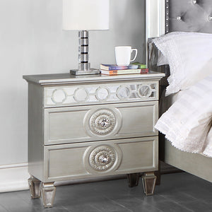 English Elm Modern Glam Nightstand with Mirror Inlay and Patterned Drawers, Luxurious Accent Table 26x17x27 Silver 20 L x 28.5 W x 24.5 H B2741P322551
