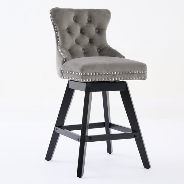 English Elm Swivel Velvet Barstools with Tufted Button Back, 360° Rotate, Plush Foam & Rubberwood Frame Gray W1143P241330