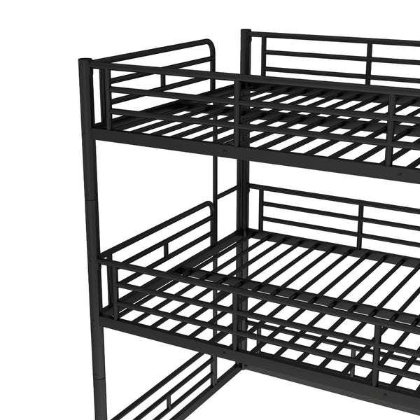 English Elm Twin Triple Metal Bunk Bed Matte Powder Coated Frame with Full Safety Guardrails Black W1580S00580