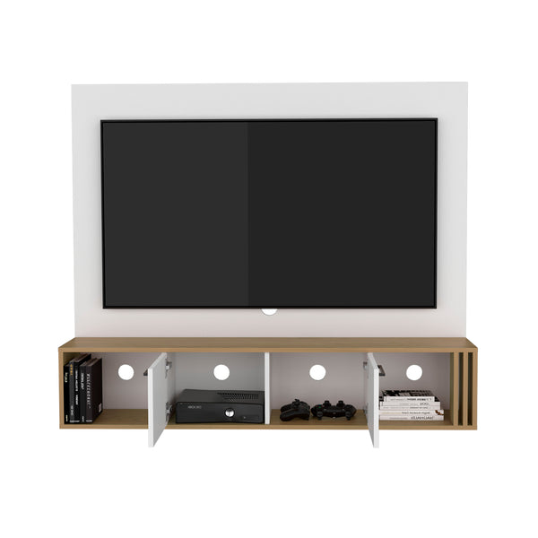 English Elm Vance 56" Floating Entertainment Center in Natural Oak White – Modern TV Stand with Cabinets, Cable Management, Shelving and Easy Assembly B200P286965