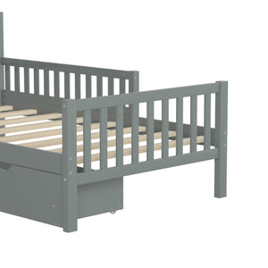 English Elm Twin Pinewood Platform Bed with Headboard, Guardrails & Two Underbed Drawers for Storage Gray 70.6 L x 17.1 W x 5.9 H N733P172696E
