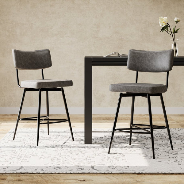 English Elm Christopher Knight Home® - 26''Retro Curved Back Swivel Counter Stools Set of 2 with Bowknot Footrest Smooth PU Leather Comfort Grey N780P199991G
