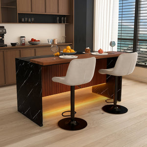 English Elm 63" Modern Kitchen Island Set With 2 Gray Bar Stools - Stylish Black Marble, Led Lighting, Durable Design W2699S00068