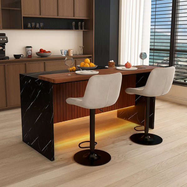 English Elm 63" Modern Kitchen Island Set With 2 Gray Bar Stools - Stylish Black Marble, Led Lighting, Durable Design W2699S00068