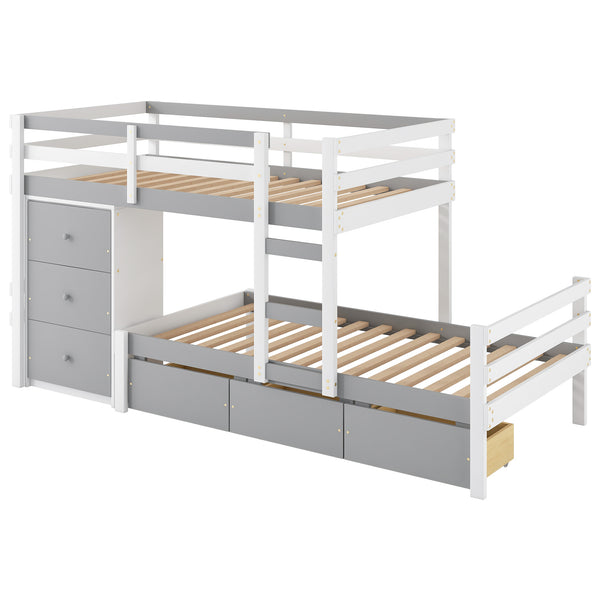 English Elm Twin Loft Bunk Bed with Built-In Drawers and Ladder, Space-Saving Twin over Twin Pine MDF Design Gray GX000424AAE