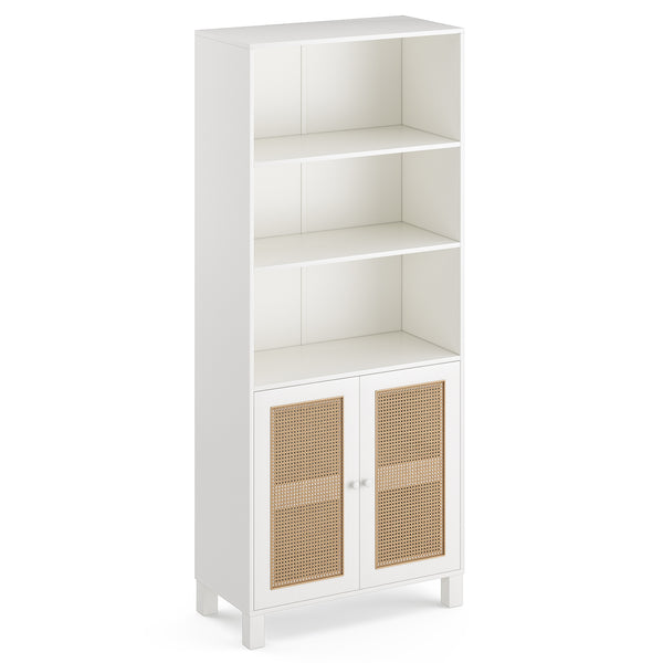 English Elm Tall Rattan Door Bookcase with 5 Shelves — Stylish Tall Storage Shelf for Living Room Office LibraryBedroom White T3623P379893