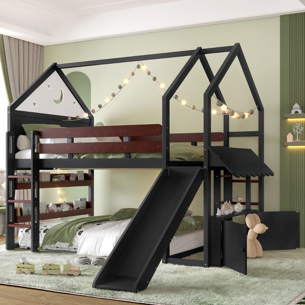 English Elm Full Size Pine Loft Bed House Frame with Slide Bookshelves and Moon Star Rails W1580S00314