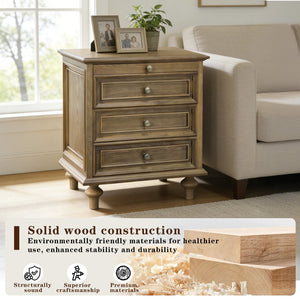 English Elm Farmhouse Nightstand Pine Wood Four Drawer Storage with Pull Out Tray Gourd Legs Light Brown W1716P399636