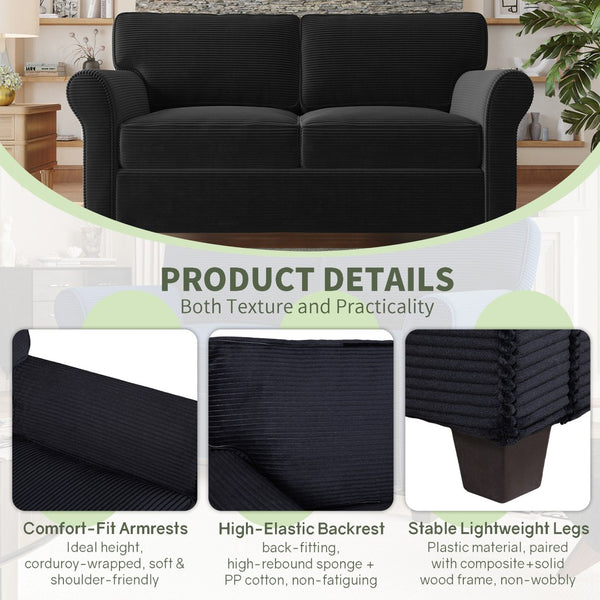 English Elm 57" Corduroy Two Seater Sofa Removable Cushions Solid Wood Frame Compact Living Room Black W2715P433633