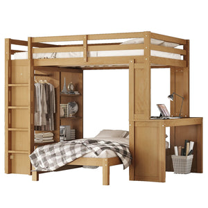 English Elm Full Solid Wood Loft Bed with Removable Lower Bed, Built-In Desk, Shelves & Wardrobe for Space-Saving Designs Natural W1580S00213