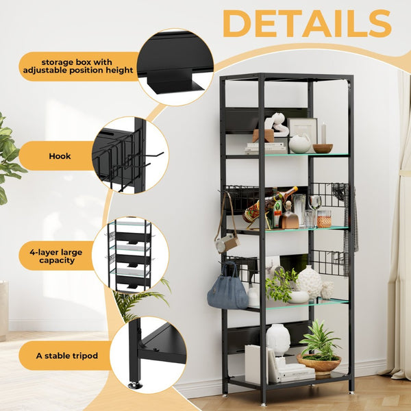English Elm 4-tier Tempered Glass Steel Frame Display Shelf with Rgb Led Lighting for Collectibles W3190P371784