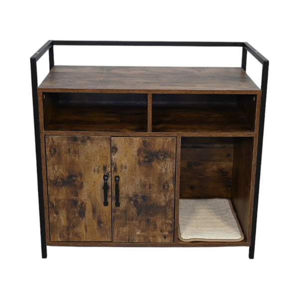 English Elm Rustic Wooden Cat Litter Box Enclosure with Scratching Mat, Rustic Brown Industrial Cat Hideaway 31.9"x17.7"x31.4" W1412P271588