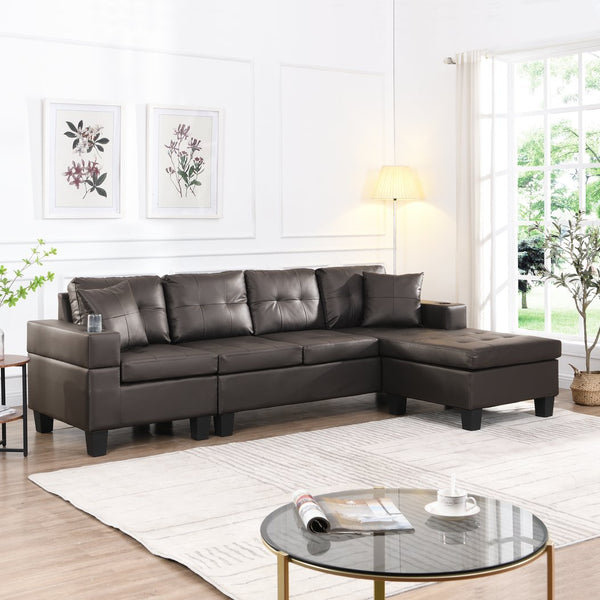 English Elm Sectional PU Sofa Set with L-Chaise, Built-In Cup Holders, Thick Foam Cushions, Modern 4-Seater Comfort Dark Brown 57.87 L x 28.35 W x 12.99 H W2297S00004